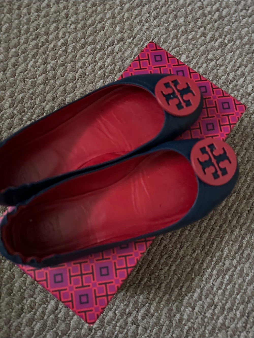 Tory Burch Navy Flats with Red Logo Medallions